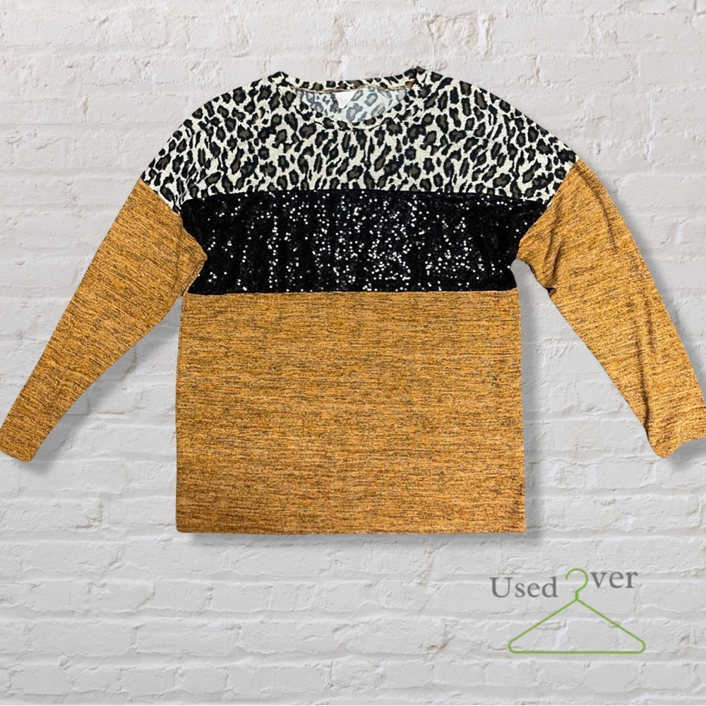 Sunshine & Rodeos Leopard and Sequin Long Sleeve Top SZ M